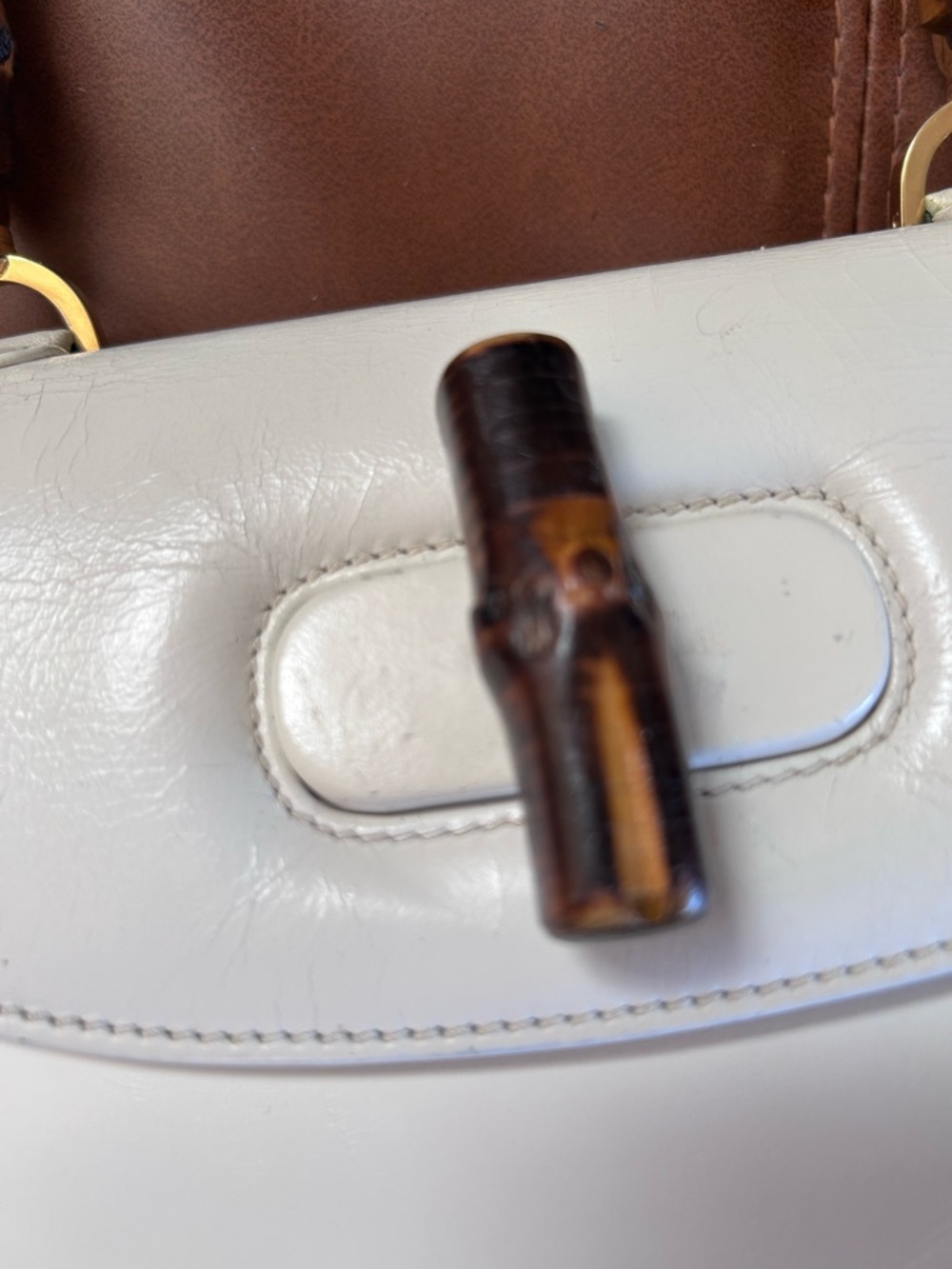 White Leather Bamboo-Handle Top-Handle Purse - Picture 9 of 13